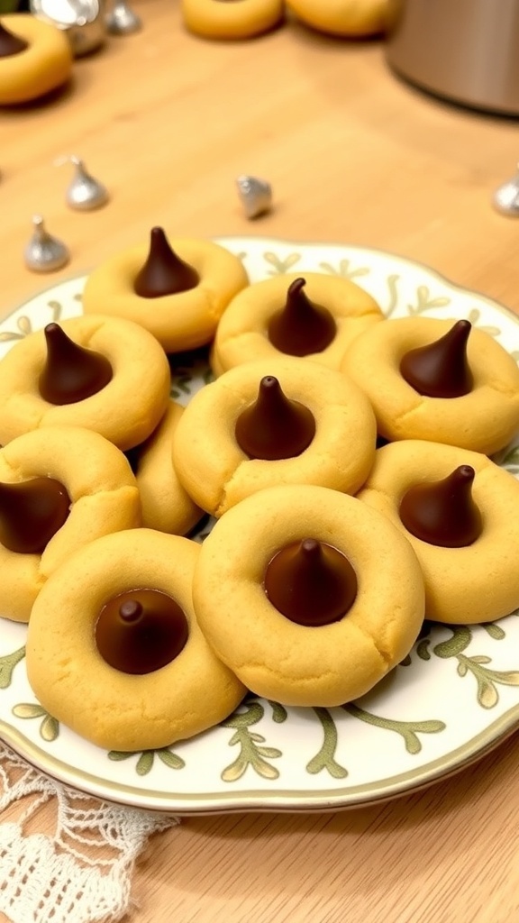 A plate of peanut butter blossom cookies topped with chocolate kisses.